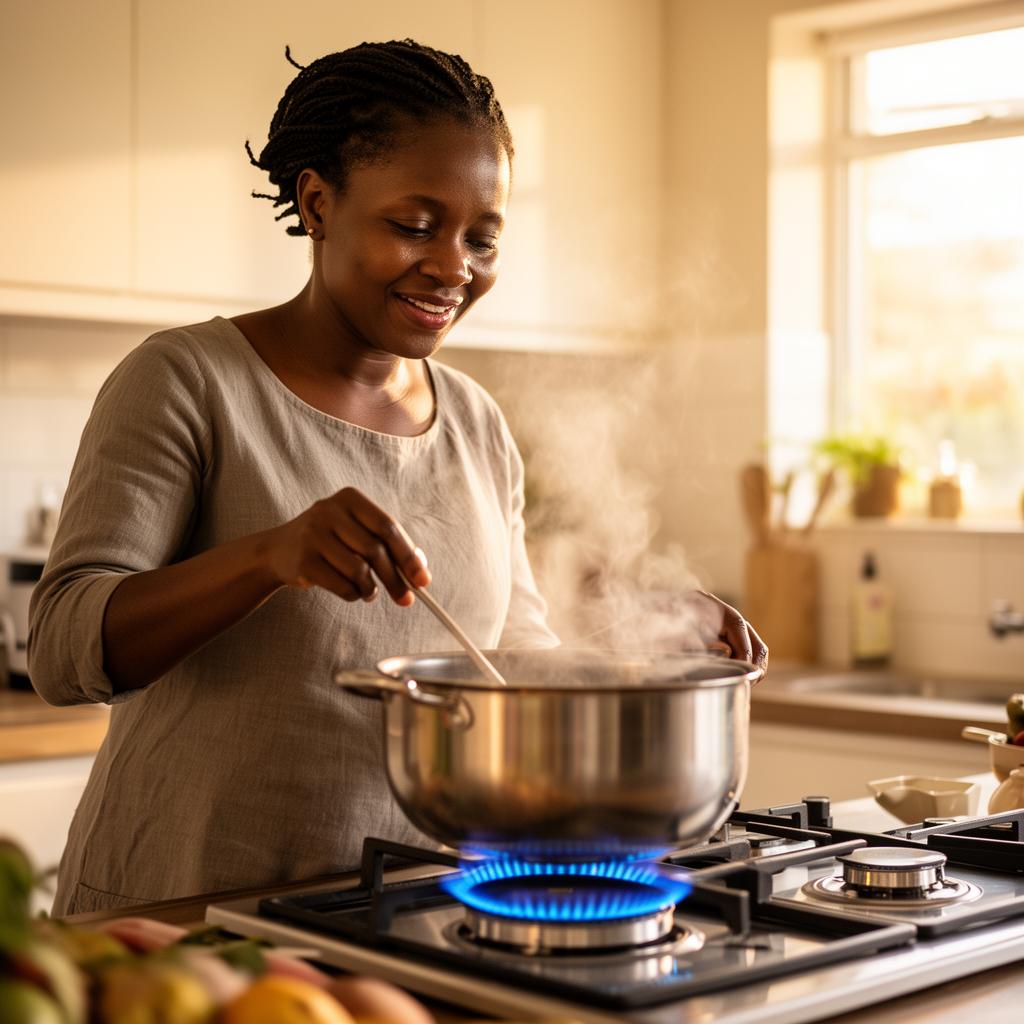 Woman cooking with a clean ethanol stove