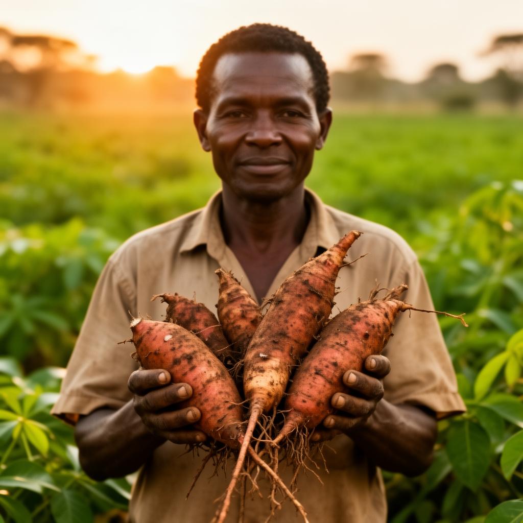 Smallholder farmer with cassava harvest