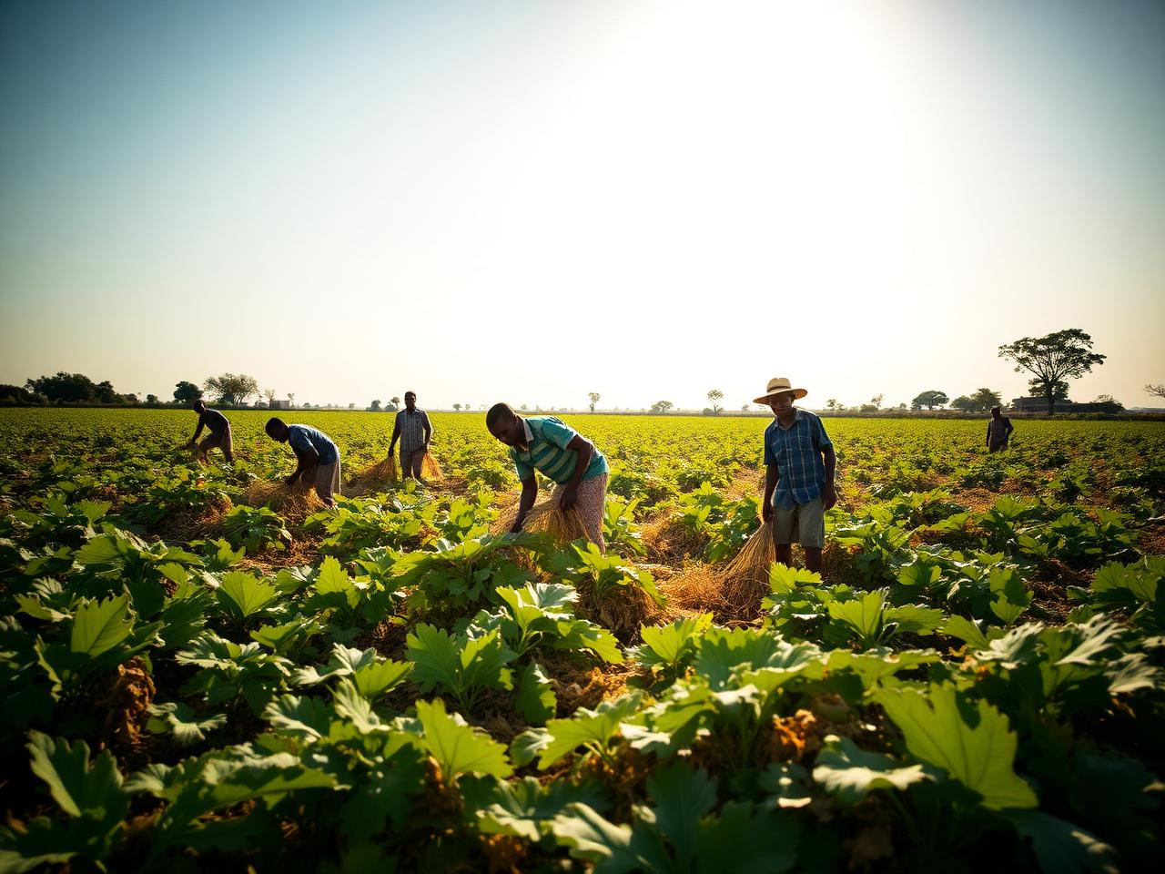 Smallholder farmers harvesting crops in an African field