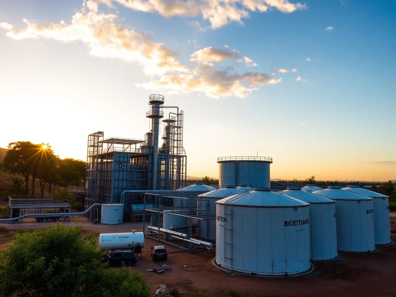 Bioethanol production facility and storage tanks at sunrise