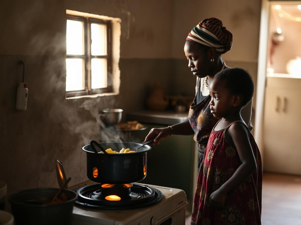 Woman cooking on a clean ethanol stove with a child nearby