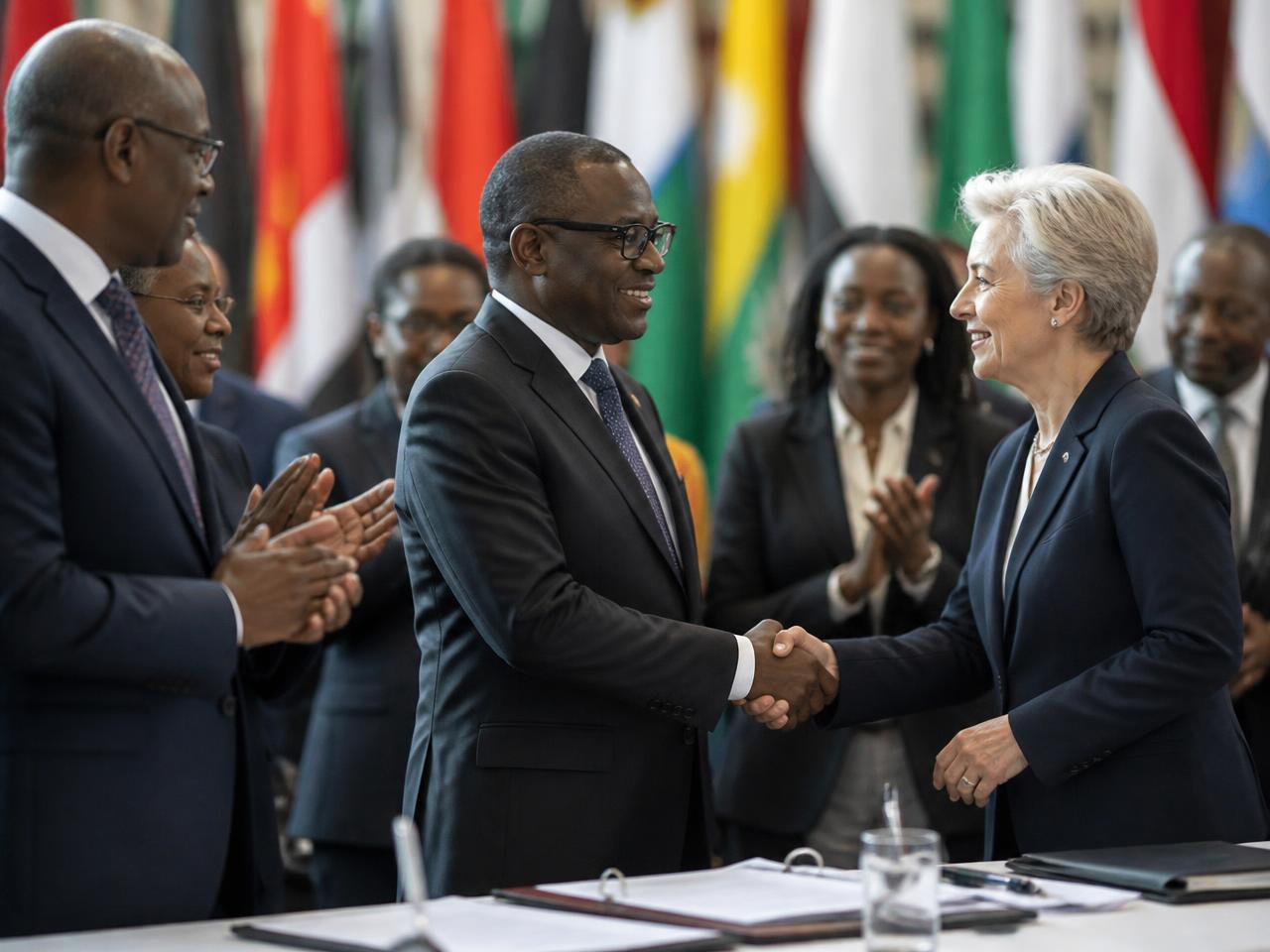 African and international delegates shaking hands at a trade partnership signing