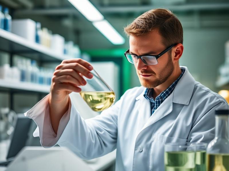 Scientist examining a bioethanol fuel sample in a laboratory