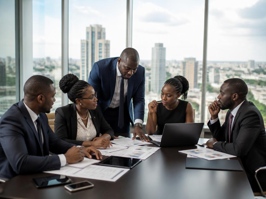 Finance professionals reviewing investment documents in an African boardroom